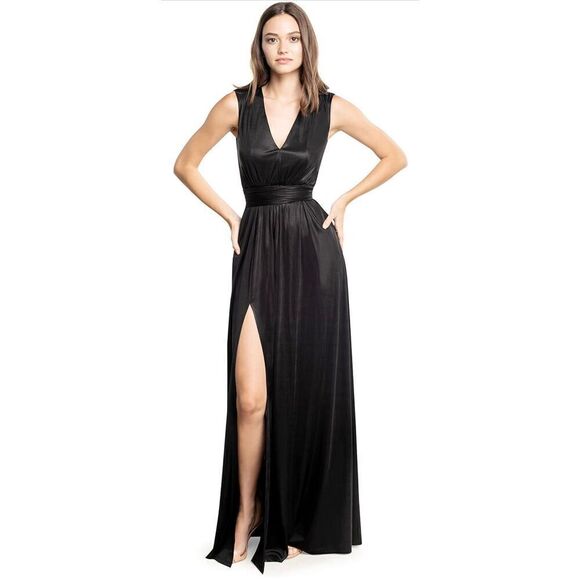 DRESS THE POPULATION Krista V Neck Tie Waist Coated Jersey Slit Front Maxi Dress - Picture 1 of 9